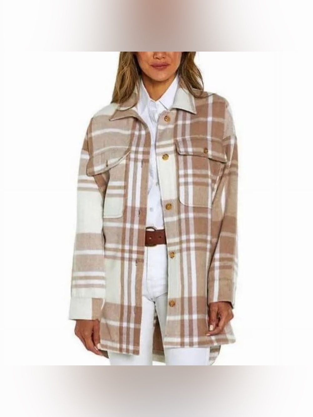 New BANANA REPUBLIC Oversized Cozy Flannel Shirt Jacket Shacket, Neutral Plaid L